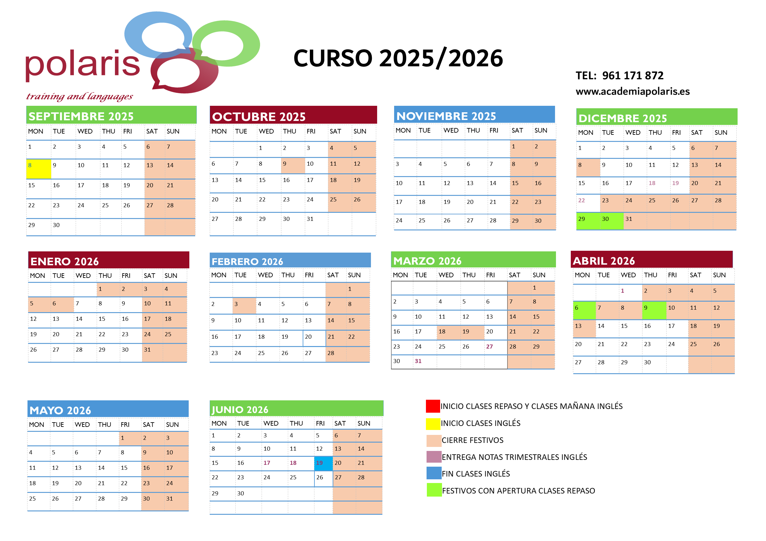 Calendario académico de Academia Polaris