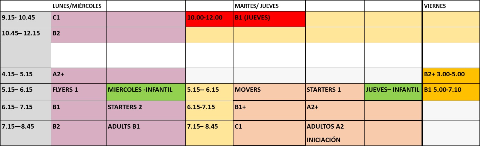 Calendario semanal de clases de inglés de Academia Polaris
